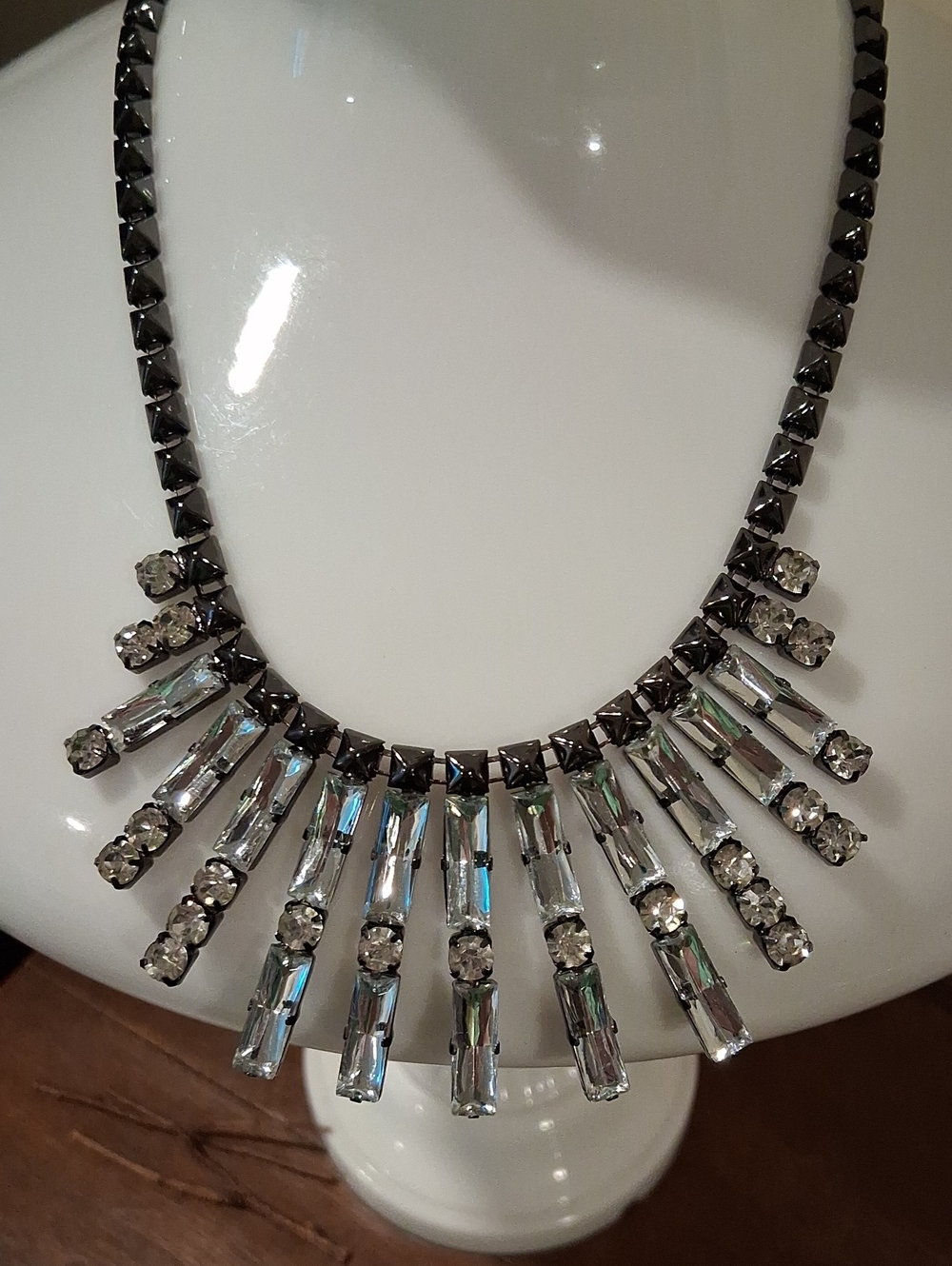 Crystal Fringe Statement Necklace - Silver Tone Gunmetal